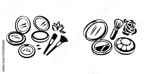 Minimalist line art beauty product sketch of a face powder and brushes black silhouette style vector art design
