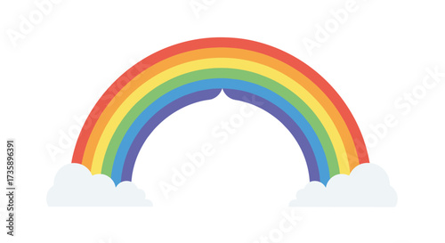 A bright colorful rainbow appears in the sky above fluffy white clouds.