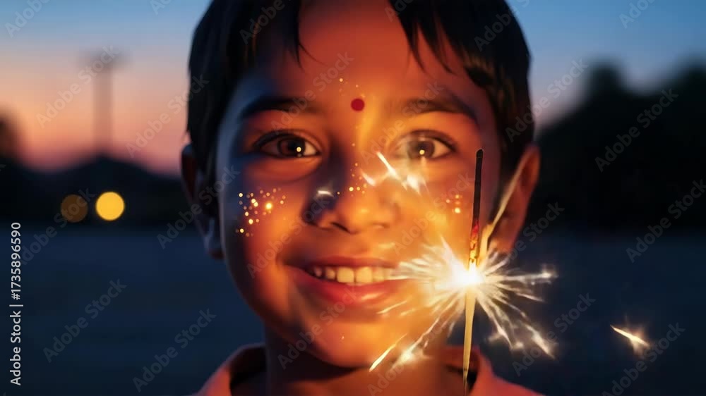 Joyful Diwali Celebration Young Boy with Sparkler, Radiating Happiness During the Festival of Lights