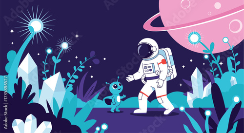 Astronaut meets an alien on a colorful planet.