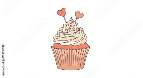 A sweet cupcake with frosting and two hearts on sticks.