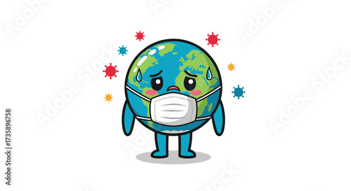 The sad earth wearing a mask surrounded by viruses.