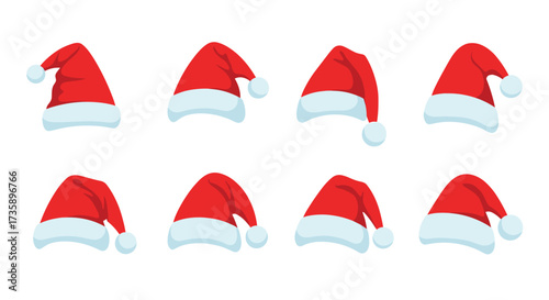A collection of eight festive red santa hats with white trim and pom poms.