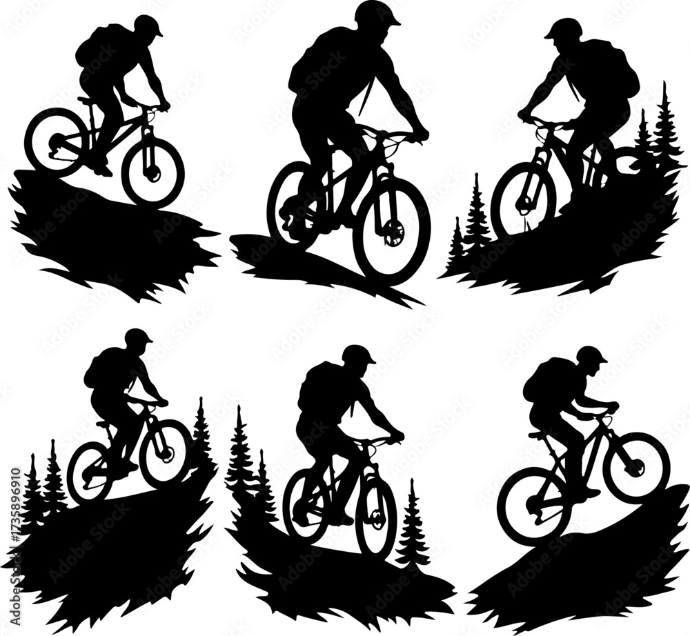 Fototapeta premium Mountain Biker Silhouette Riding Through Forest Trails Illustration
