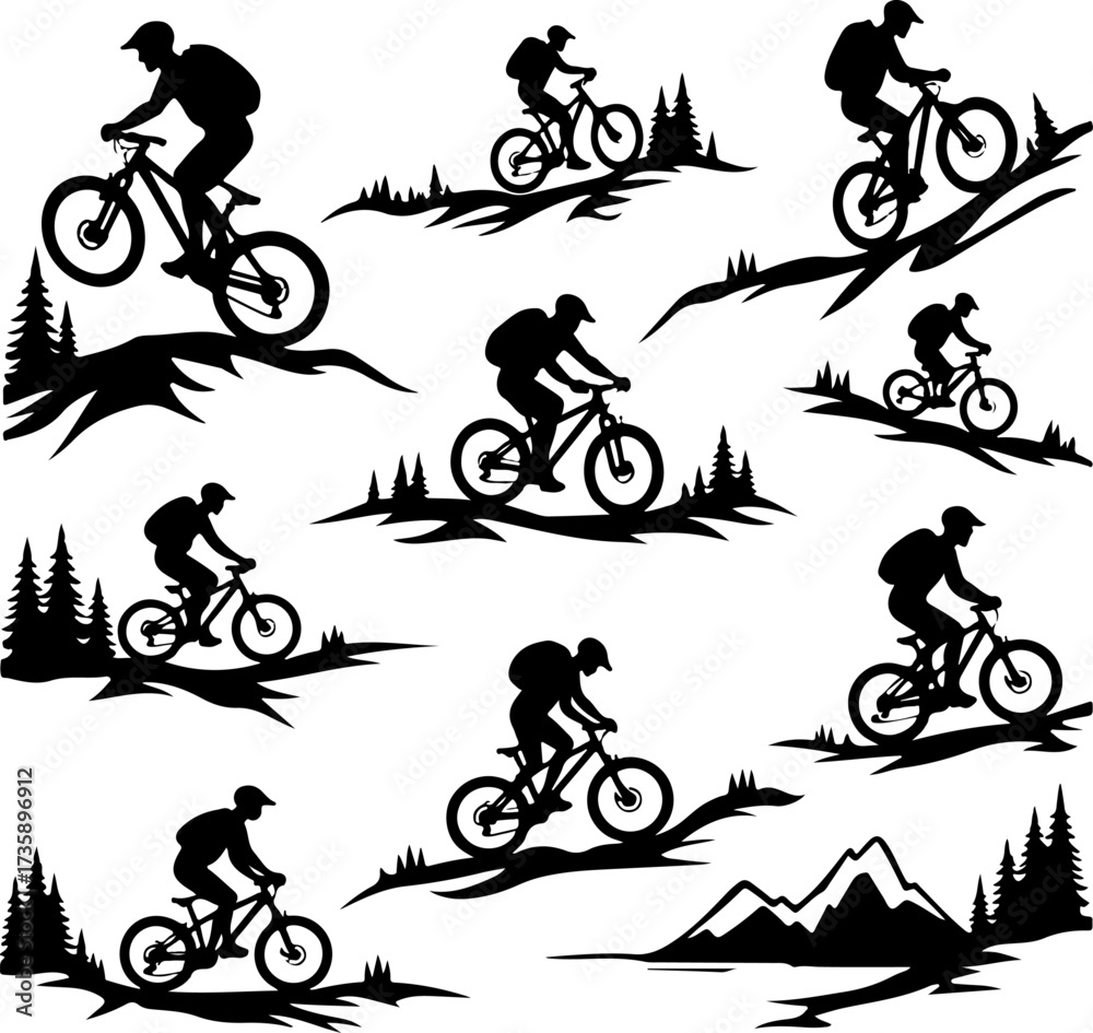 Obraz premium Mountain Biker Silhouette Riding Through Forest Trails Illustration