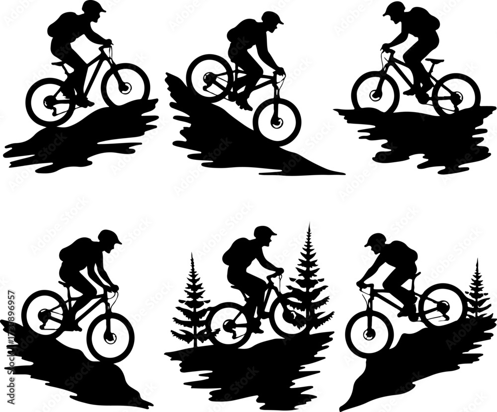 Fototapeta premium Mountain Biker Silhouette Riding Through Forest Trails Illustration