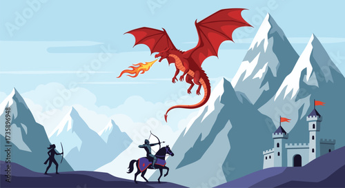 A heroic knight on horseback battles a fierce dragon in a snowy mountain landscape with a castle in the background.