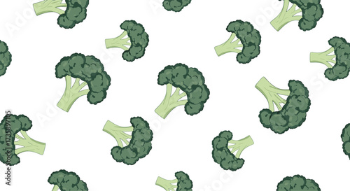 A pattern of fresh green broccoli florets scattered across a white background.