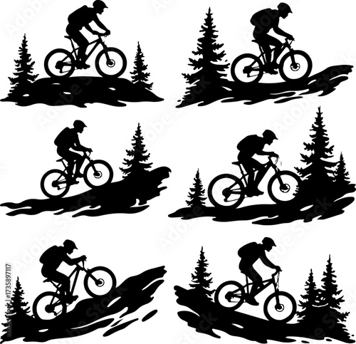 Mountain Biker Silhouette Riding Through Forest Trails Illustration