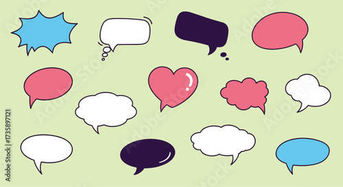 A collection of speech bubbles and thought clouds in various shapes and colors.