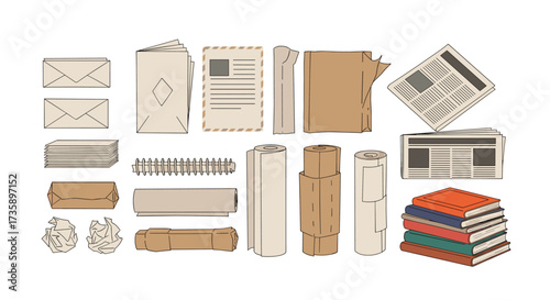 A collection of office supplies and reading materials.