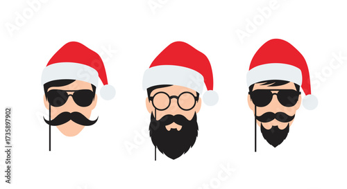 Hipster christmas characters with festive hats and sunglasses.