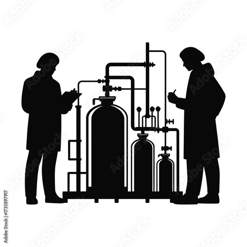 Scientists observe chemical processing equipment in a laboratory setting