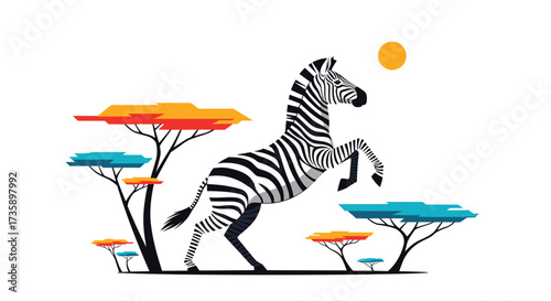 A zebra stands on its hind legs in a vibrant savanna landscape.