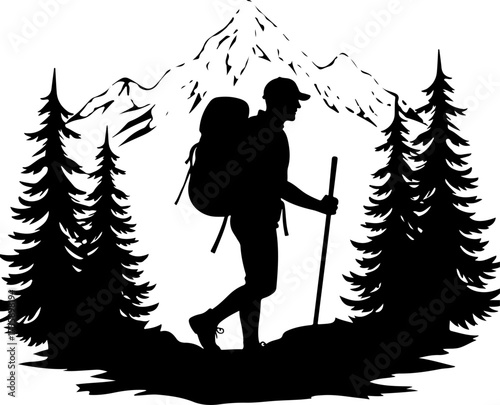 Mountain Hiker  Silhouette Vector Black