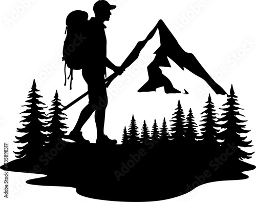 Mountain Hiker  Silhouette Vector Black