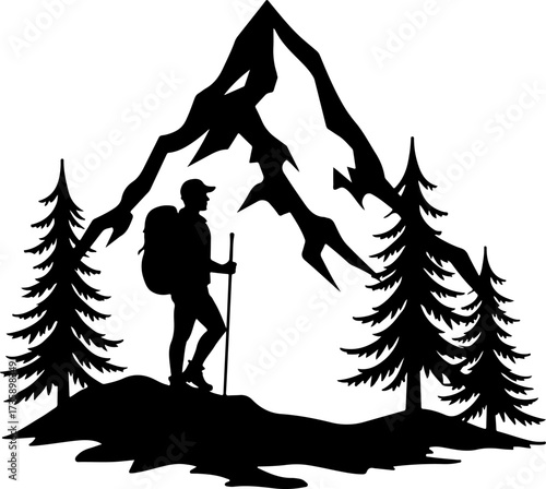 Mountain Hiker  Silhouette Vector Black