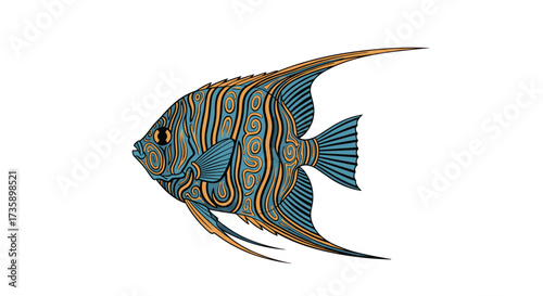 Ornate patterned freshwater angelfish swimming to the right.