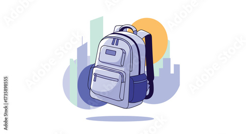 A modern backpack with urban city skyline elements and a sun.