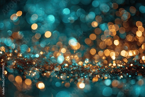 Abstract bokeh background of teal and gold lights