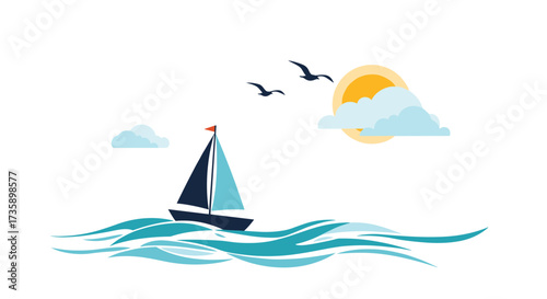 A sailboat navigates across the ocean on a sunny day with birds flying overhead.
