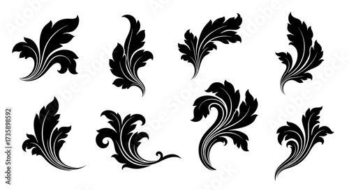 A collection of eight black vector silhouettes featuring baroque acanthus leaf scrolls. Classic floral flourishes for elegant invitations, frames, and decoration.