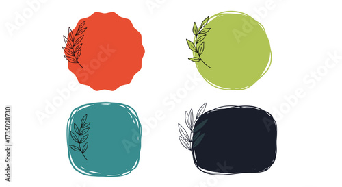 Four abstract watercolor splashes with subtle botanical line art illustrations.