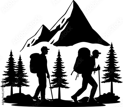 Mountain Hiker  Silhouette Vector Black
