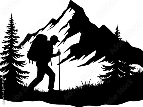 Mountain Hiker  Silhouette Vector Black