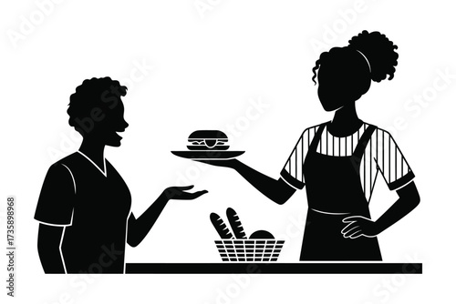 Baker serving burger and bread to customer in silhouette