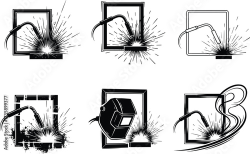Welding, sparks, torch, metalwork, fabrication, industrial, black and white, illustration, safety, energy, stylized, graphic, helmet, process, workshop