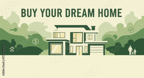 Real estate concept to buy your dream home. Modern house illustration for property investment and sale. Vector banner with copy space