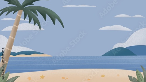 Tropical beach background with palm tree, sea, and blue sky illustration