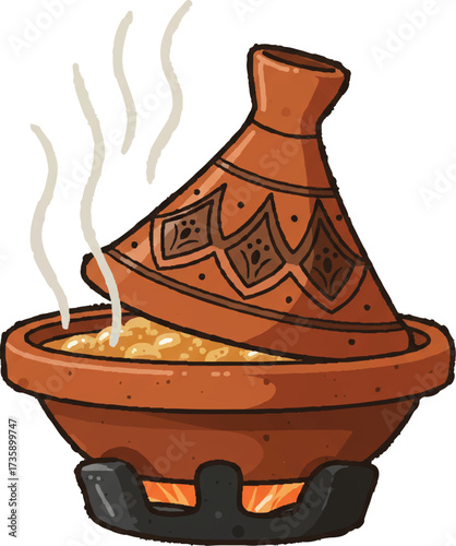 Traditional Moroccan Tagine Pot with Conical Lid and Rising Steam