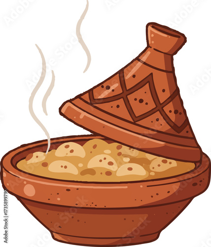 Traditional Moroccan Tagine Pot with Conical Lid and Rising Steam