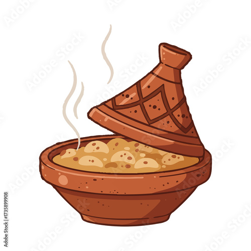 Traditional Moroccan Tagine Pot with Conical Lid and Rising Steam