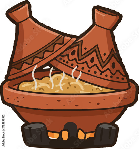 Traditional Moroccan Tagine Pot with Conical Lid and Rising Steam
