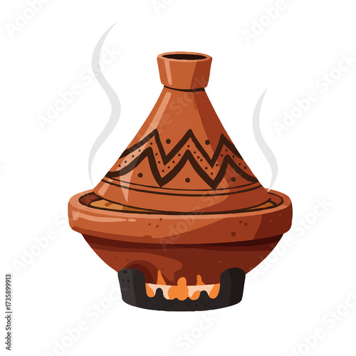 Traditional Moroccan Tagine Pot with Conical Lid and Rising Steam