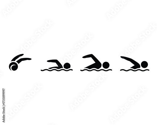 Set of four minimalist black and white swimming illustrations scalable vector graphics for eps export silhouette vector illustration white background