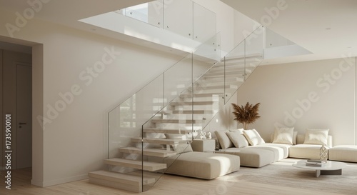 A modern living room with a glassrailed staircase