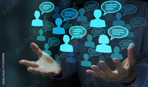 Opinion and feedback from customers or employees. User reviews surveys and analysis. Business manager holding people icons and speech bubbles.