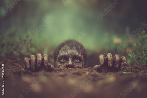 Zombie rising from the grave in spooky forest