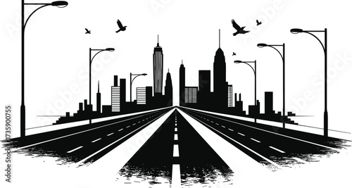 Black and white minimalist cityscape with modern skyscrapers, street lamps, highway road perspective, flying birds and urban skyline silhouette