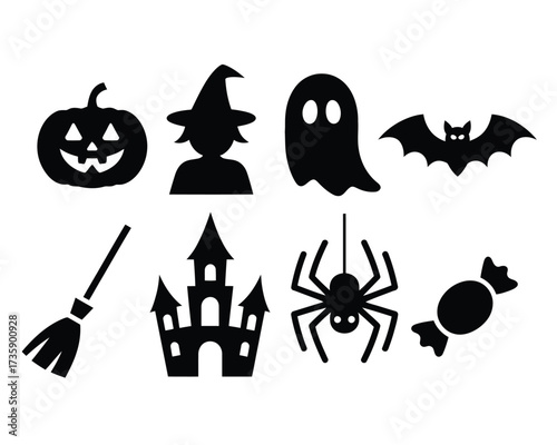 Set of eight black halloween icons vector illustration scalable eps graphic design elements silhouette vector illustration white background