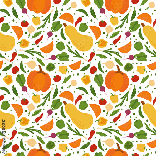 Simple flat vegetables seamless pattern. Colorful autumn harvest of pumpkin zucchini eggplant cucumber potato onion pepper tomato cabbage corn carrot for healthy and vegetarian food design