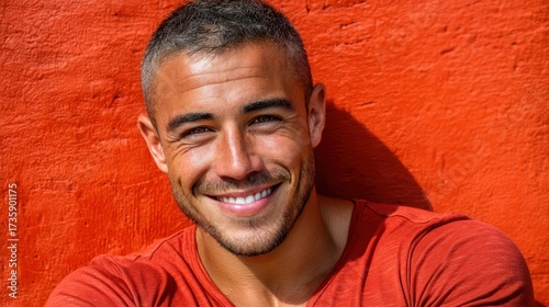 A man with a shaved head and a smile on his face is wearing a red shirt. He is posing for a picture and he is happy