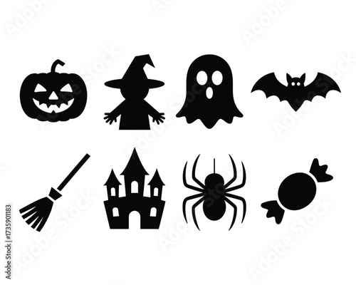 Set of eight black halloween icon silhouettes vector graphics scalable eps illustration silhouette vector illustration white background