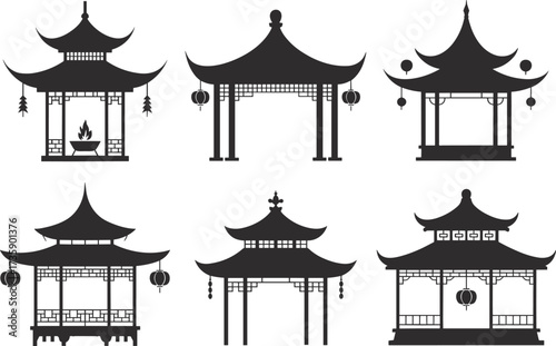 Set of six traditional Asian pagoda pavilion silhouettes with lanterns and decorative roofs in black and white minimalist style