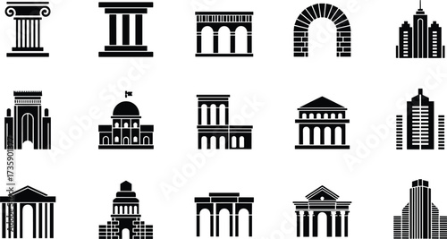 Set of fifteen black and white architectural icons including columns, castles, domes, houses, pyramids, skyscrapers, temples, and buildings