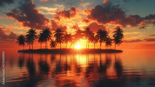 Vibrant Tropical Island Sunset with Palm Tree Silhouettes.